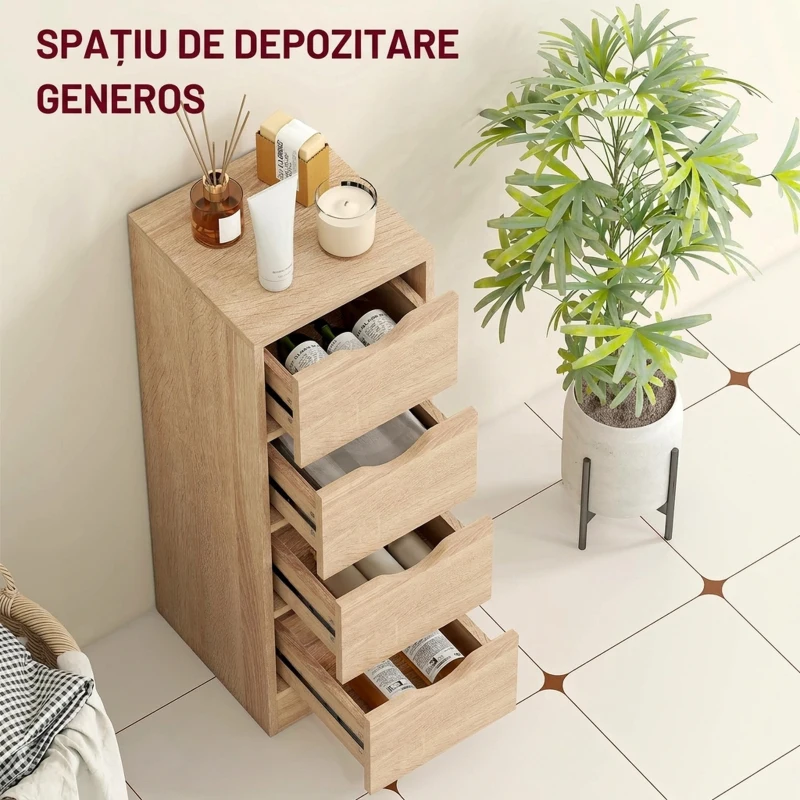 HOMCOM Dulap de Baie Economisitor de Spațiu cu 4 Sertare și Mânere Sculptate Stil Nordico, 29x29x83 cm, Lemn Natural