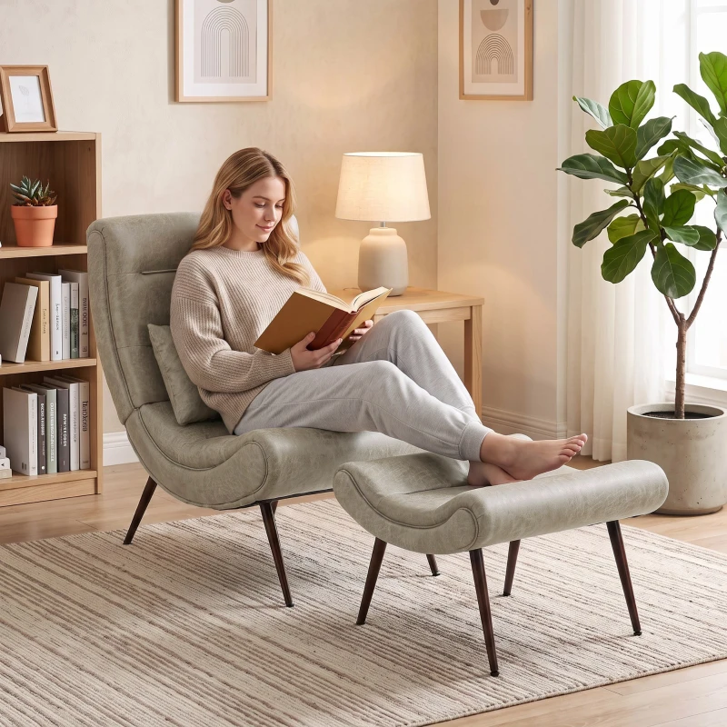 HOMCOM Sillón con Reposapiés Asiento Ancho Cojín Lumbar y Respaldo Curvo Tapizado en Leathaire Patas de Acero Blanco Crema