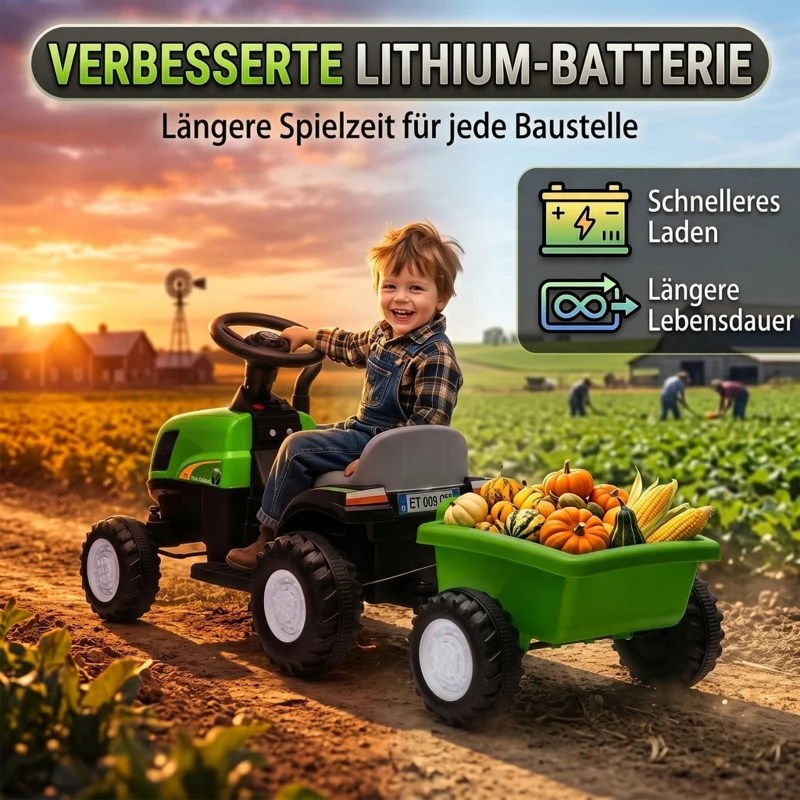 AIYAPLAY Elektryczny traktor dziecięcy z odłączaną przyczepką Traktor na siedzenie z akumulatorem litowym, pedałem nożnym, muzyką, klaksonem, światłem, Grün