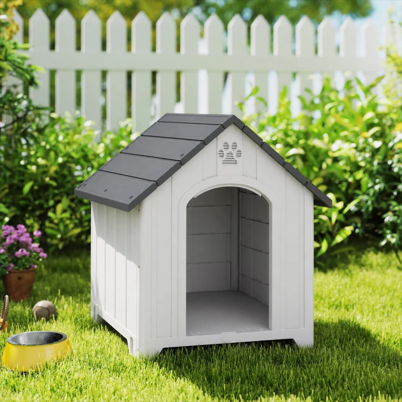 PawHut Niche pour chien extérieur, maison chien en polypropylène imperméable ventilé plancher surélevé 76x66x77cm gris clair
