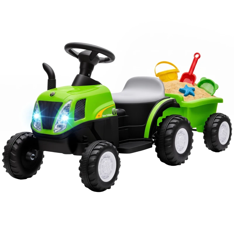 AIYAPLAY Tractor Eléctrico para Niños con Remolque Desmontable 6V Luces Música Claxon Pedal para Niños 1-3 Años 2,5 km/h Verde