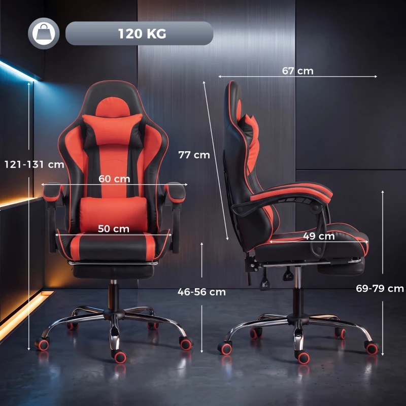 HOMCOM Ergonomischer Gaming-Stuhl mit Massage-Lendenkissen, Kunstleder, Fußstütze, Rosso