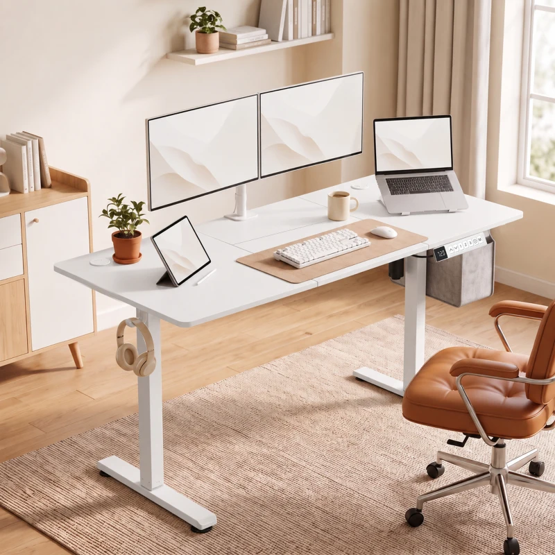 HOMCOM Elektrischer Stehschreibtisch höhenverstellbar mit LCD-Display, Kabeldurchführungen & Haken, Weiß