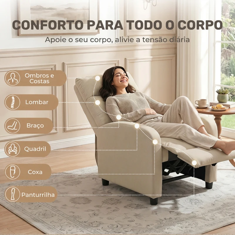 HOMCOM Poltrona Relax Reclinável até 155° Poltrona Reclinável Manual para Pessoas com Altura Inferior 195 cm 67x87x98 cm Bege
