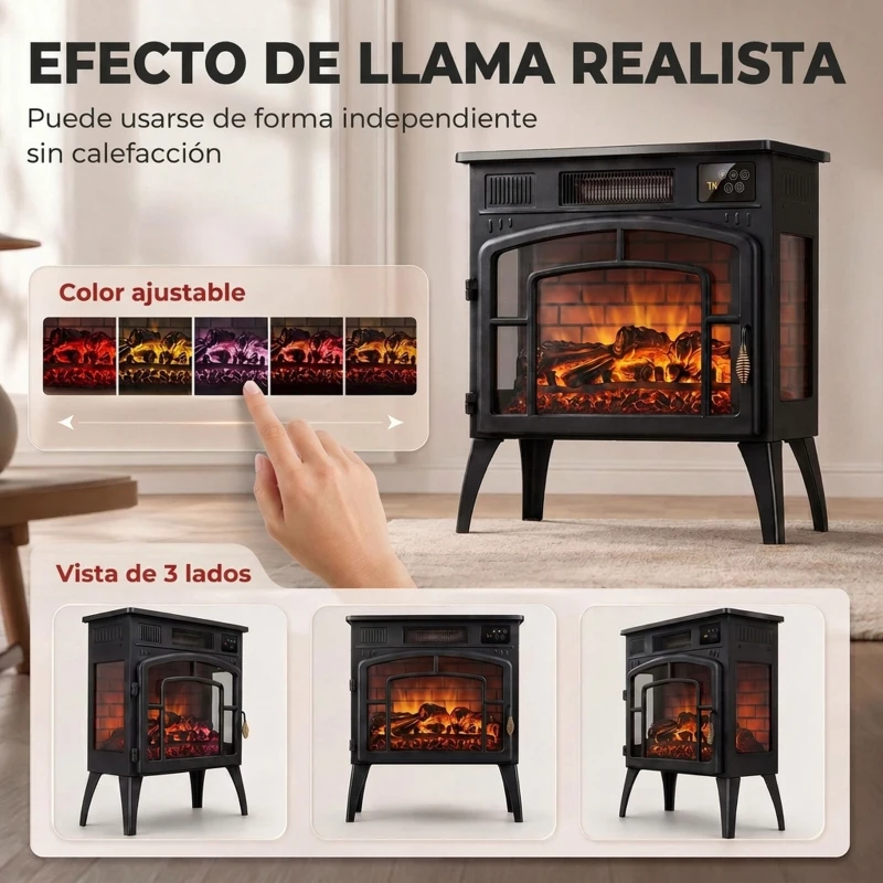 HOMCOM Chimenea Eléctrica 1000/2000 W con Efecto Llama 3 Vistas Termostato Wifi 5 Colores Temporizador 12h Negro