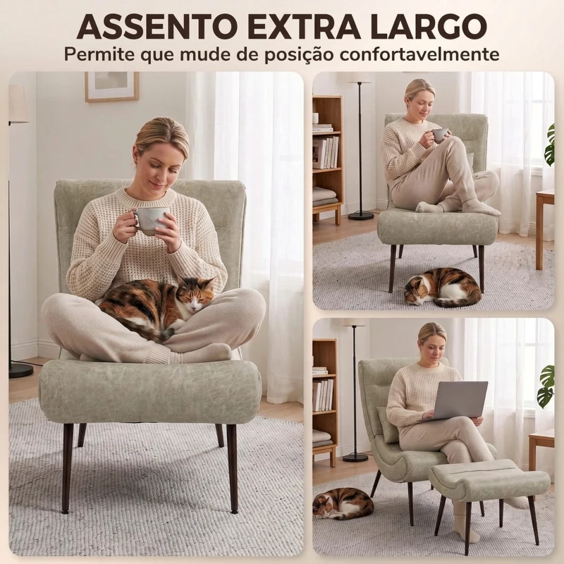 HOMCOM Cadeirão Retro com Apoia-pés em Leathaire e Almofada Lombar, Branco Creme