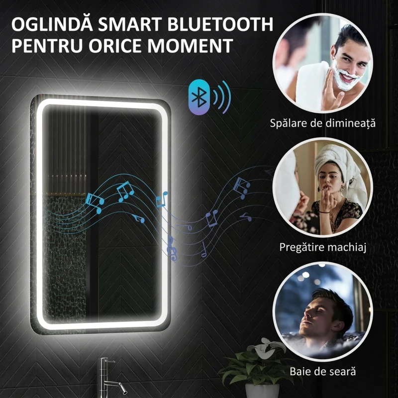 HOMCOM Oglindă de baie LED cu Bluetooth, iluminare reglabilă și funcție de memorie, din sticlă securizată, 70x50x3,5 cm
