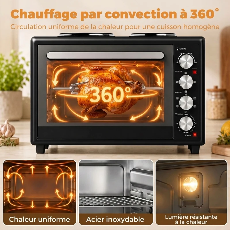 HOMCOM Mini-Four avec 2 Plaques de Cuisson et Broche Rotative 46L 2850 W, Four à Convection Multifonction, Minuterie, Noir