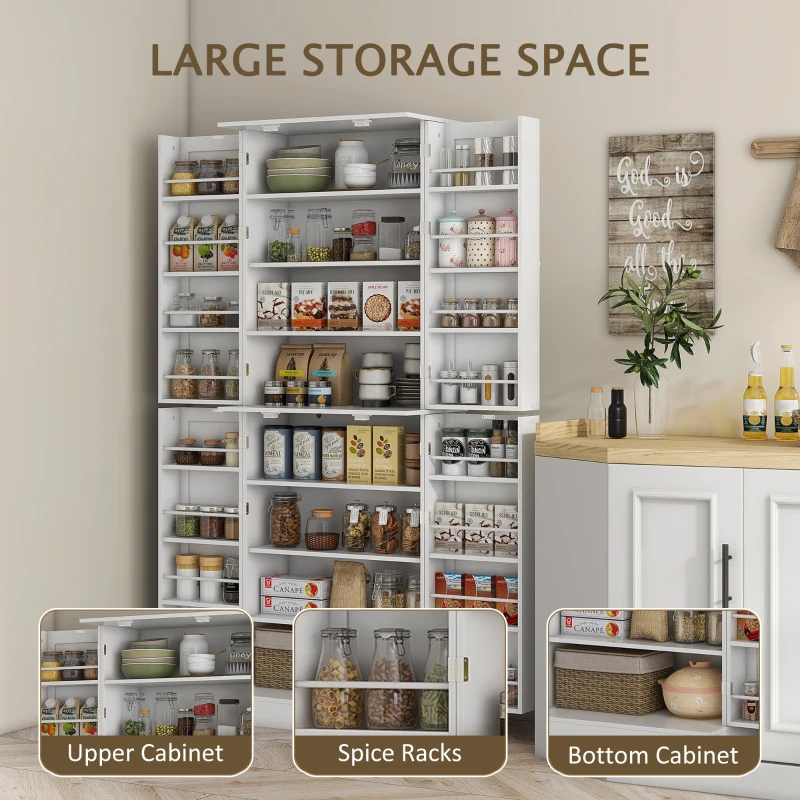 HOMCOM 8-Tier Kitchen Cupboard with 16 Door Racks, Freestanding Pantry Cupboard with Adjustable Shelves, 60 x 35 x 166cm, White