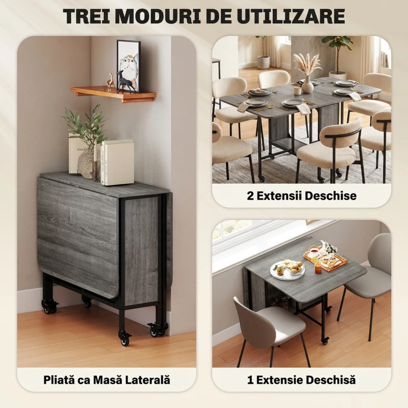 HOMCOM Masă de dining pliabilă pentru maximum 6 persoane, cu raft, din lemn și metal, 130x80x74 cm, gri