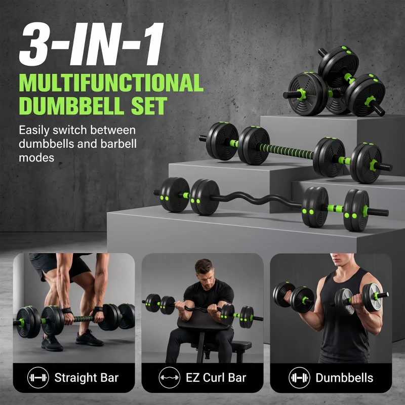 SPORTNOW 15 kg 3-in-1 Adjustable Dumbbell & Barbell Set with EZ Bar, Connecting Rod and Non-Slip Grip for Home Gym, Green