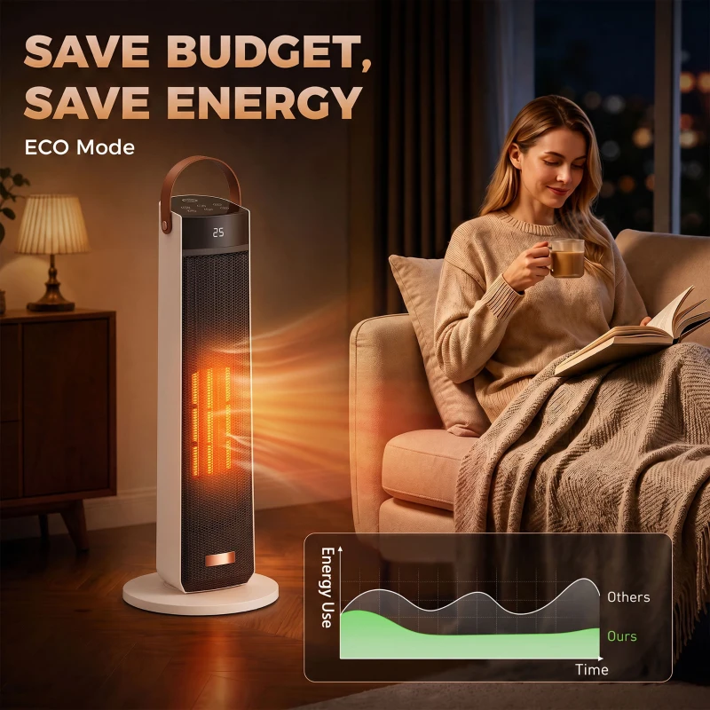 HOMCOM Portable Space Heater with Realistic Flame Effect, 2000W Ceramic Heater with Eco Mode, Adjustable Thermostat, Remote