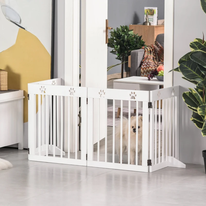 PawHut Cancellino per Cani taglia Piccola Pieghevole con Piedini Rimovibili, Cancelletto di Sicurezza in Legno di Pino, 204x30x61 cm, Bianco