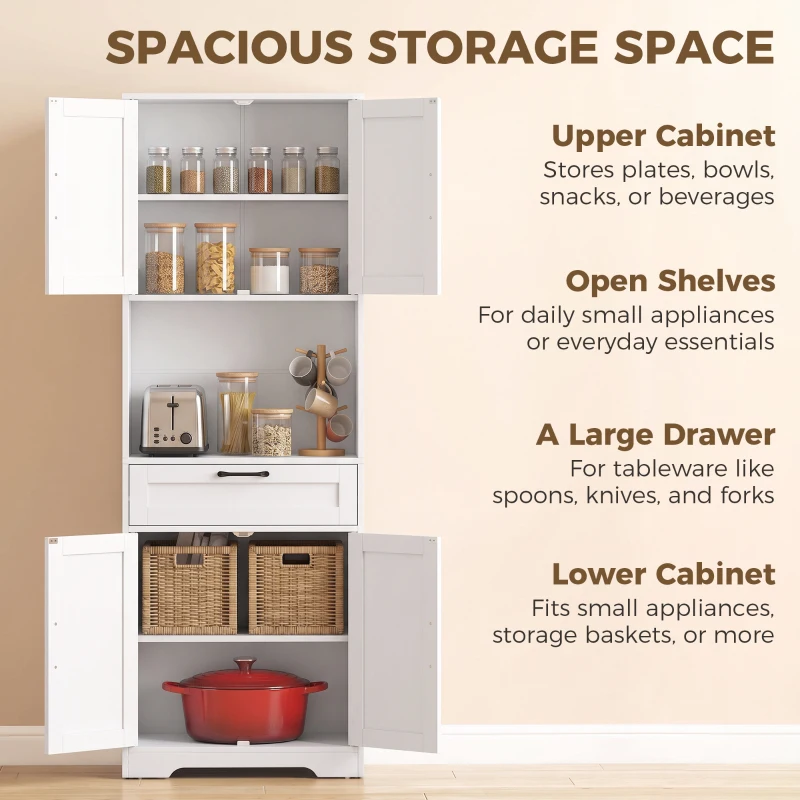 HOMCOM 170 cm Tall Kitchen Pantry with Adjustable Shelves, Freestanding Storage Cabinet with Open Shelf, White Wood Effect