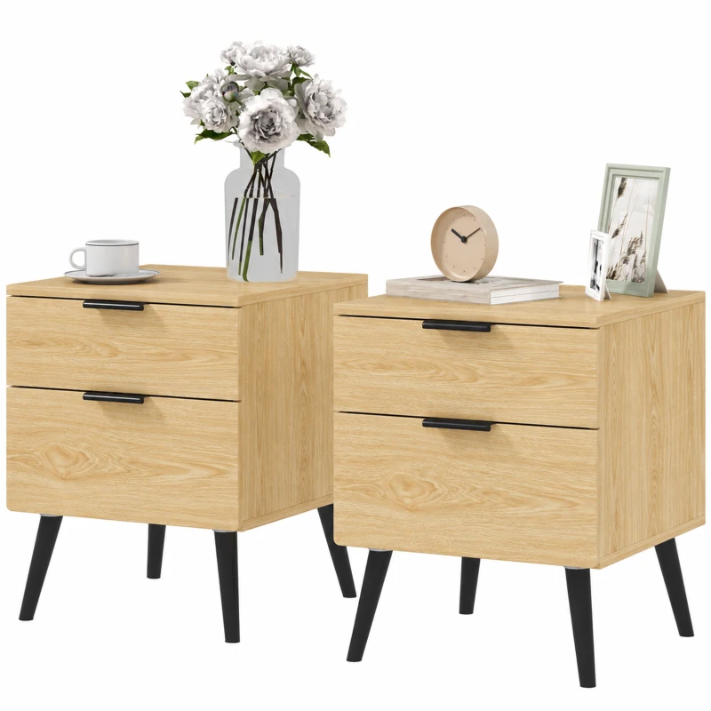 HOMCOM Set de 2 noptiere stil nordic cu sertar și bază înălțată, din lemn, 40x40x50 cm, culoare stejar