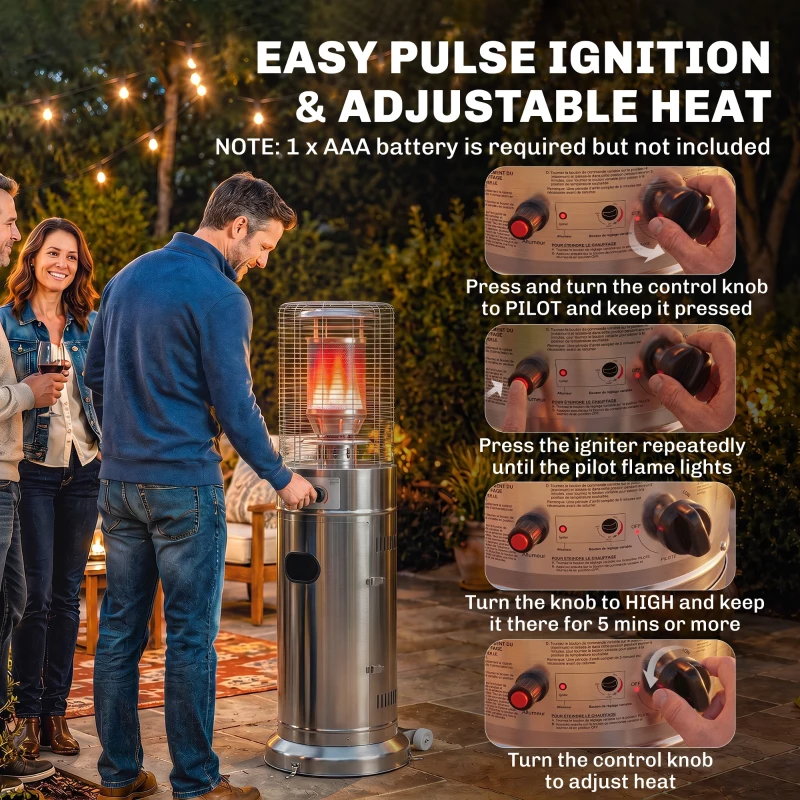 Outsunny Gas Patio Heater, 13 kW Stainless Steel Portable Propane Outdoor Heater with Pulse Ignition, Tip-over Protection, Silver