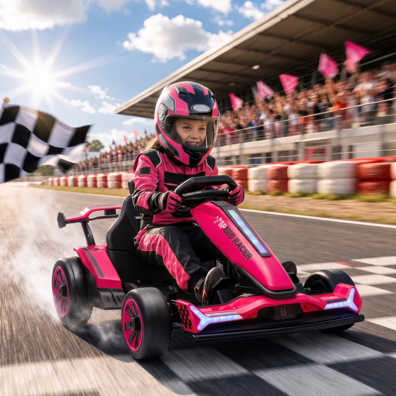 AIYAPLAY 24V Electric Go Kart for Kids 6-12 Years with Drift Mode, Adjustable Seat, 3 Speed, Slow Start, Pink