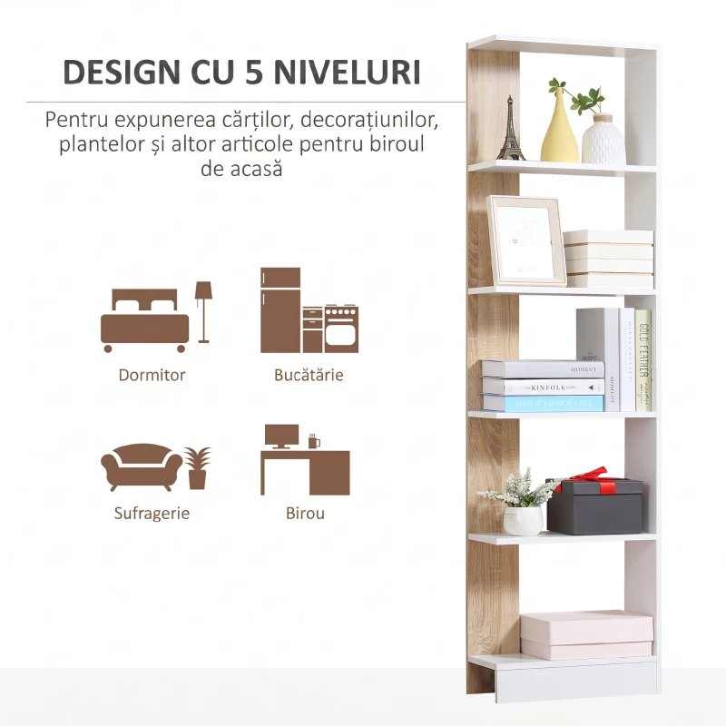 Homcom Raft Perete 5 Rafturi – Stejar & Alb, Design Modern pentru Camera(m-6)