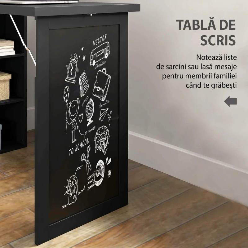 HOMCOM Birou Modern Pliabil cu Bibliotecă și Tablă, din Lemn și Metal, 98x51x153 cm, Negru