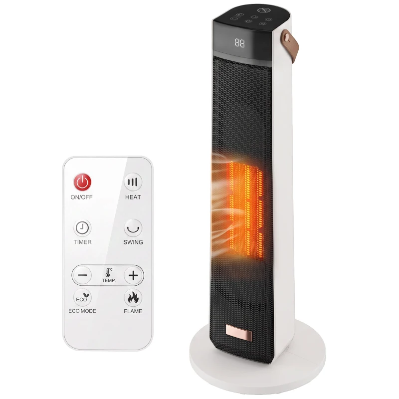 HOMCOM Portable Space Heater with Realistic Flame Effect, 2000W Ceramic Heater with Eco Mode, Adjustable Thermostat, Remote