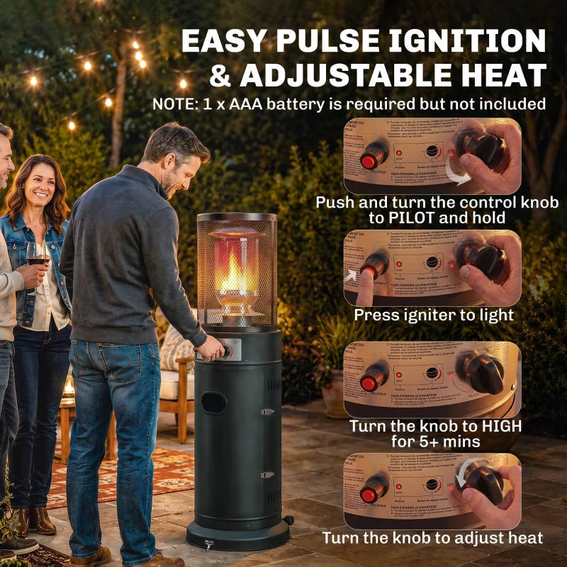Outsunny Gas Patio Heater, 11 kW Portable Propane Outdoor Heater with Pulse Ignition, Protective Mesh, Tip-over Protection, Black