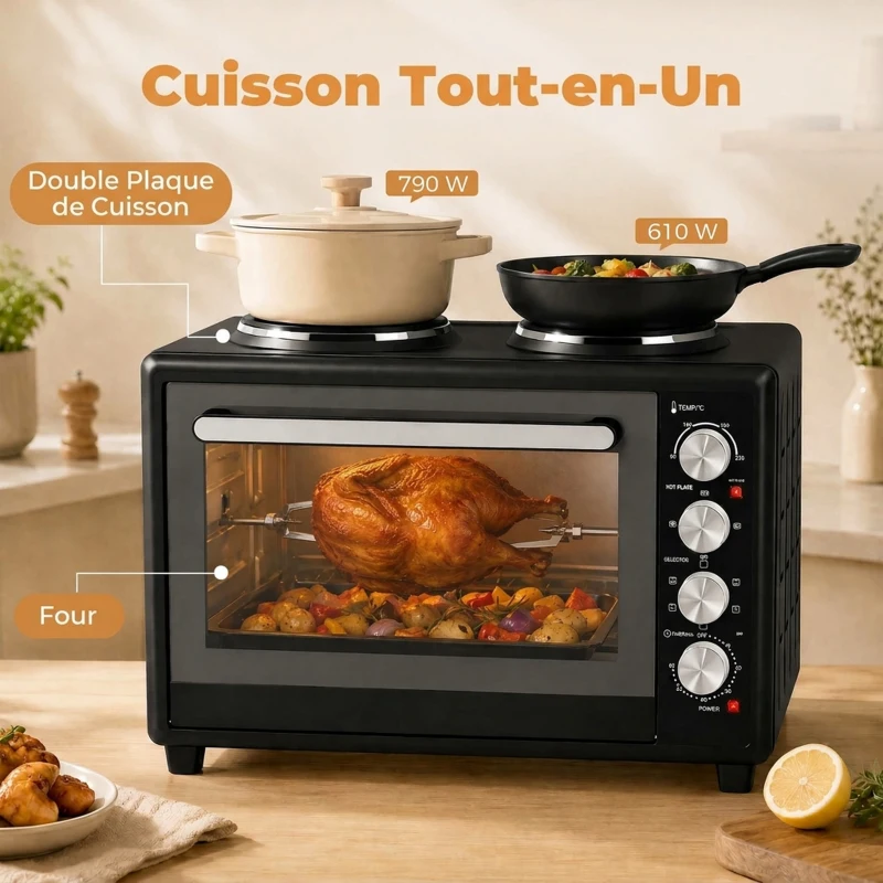 HOMCOM Mini-Four avec 2 Plaques de Cuisson et Broche Rotative 46L 2850 W, Four à Convection Multifonction, Minuterie, Noir