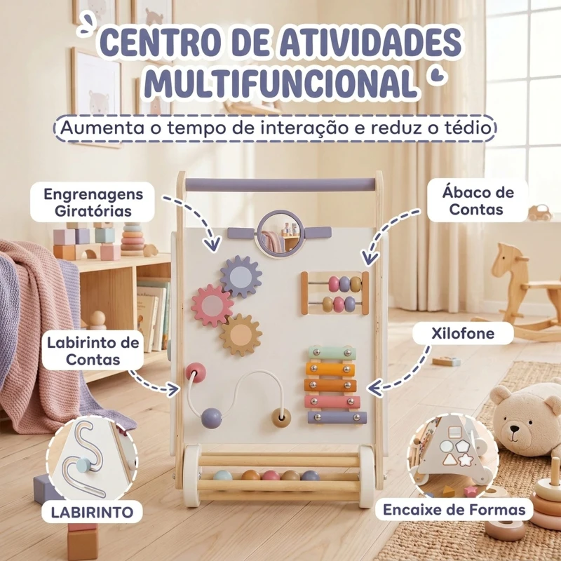 AIYAPLAY Andador de Madeira para Bebé com Brinquedos Montessori, Velocidade Ajustável e Arrumação, Branco