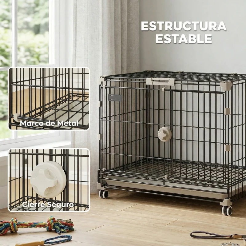 PawHut Jaula para Perros Plegable con Ruedas y Bandeja Extraíble Puerta Deslizante Techo Abatible 60,5x45,5x54,5 cm Negro