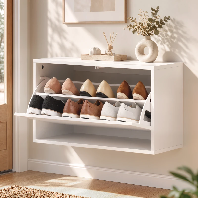 HOMCOM Szafka na buty z 2 klapkami, wiszący uchylny regał z półką, wąska półka na 6 par butów 70 x 30 x 43 cm, biały