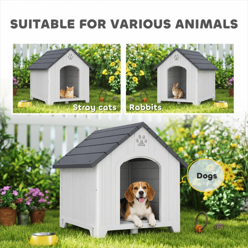 PawHut Niche pour chien extérieur, maison chien en polypropylène imperméable ventilé plancher surélevé 76x66x77cm gris clair