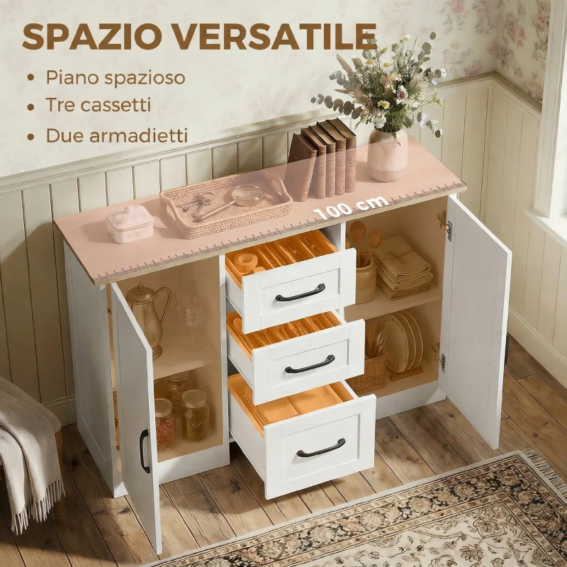 HOMCOM Credenza Cucina, Mobile Cucina con 3 Cassetti, 2 Ante, Soft Close, per Sala da Pranzo Ingresso Salotto, 110x35x80.4cm, Bianco