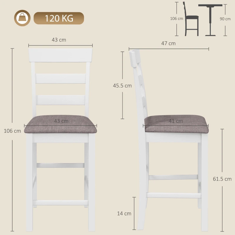 HOMCOM Set de 2 Taburete de Bar, Scaune de Bar din Lemn Masiv cu Șezut Tapițat Aspect In și Spătar, Alb și Maro