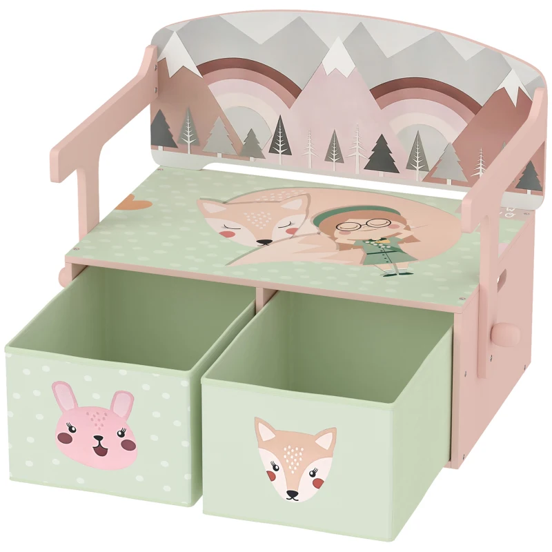 AIYAPLAY 3 em 1 Banco Porta-Brinquedos para Crianças, Convertível em Mesa e Cadeira com 2 Caixas, Estampa Raposinha, Rosa