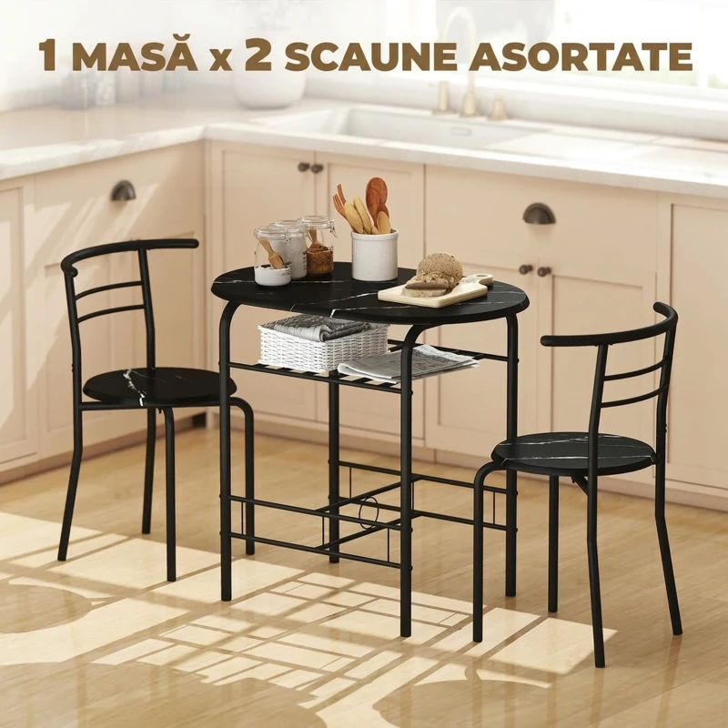 HOMCOM Set Masă Modernă cu 2 Scaune pentru Dining, Set 3 Piese Economisitoare de Spațiu, Negru