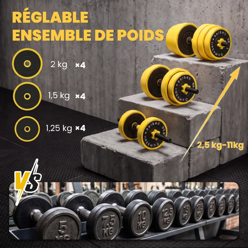 HOMCOM Ensemble d'haltères courtes ou longues 20 Kg - barre d'extension incluse - musculation réglable - entraînement musculaire & haltérophilie