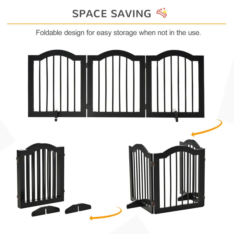 PawHut Freestanding Dog Gate Wooden Stair Gate for Dogs with Support Feet Foldable Pet Fence Safety Barrier for the House Doorway Stairs Black