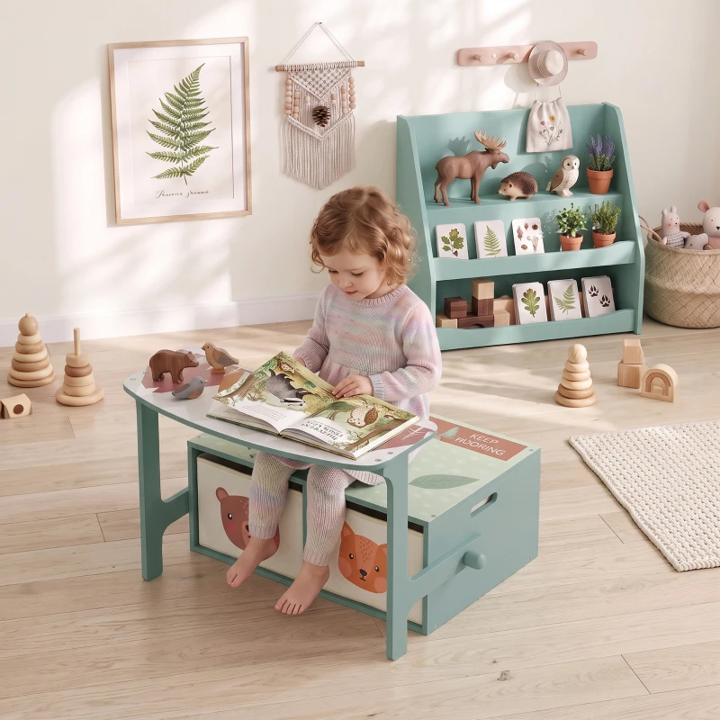 AIYAPLAY Banco Infantil Convertible 3 en 1 Juego de Mesa y Silla Baúl de Juguetes con 2 Cajones de Tela 3-6 Años Verde