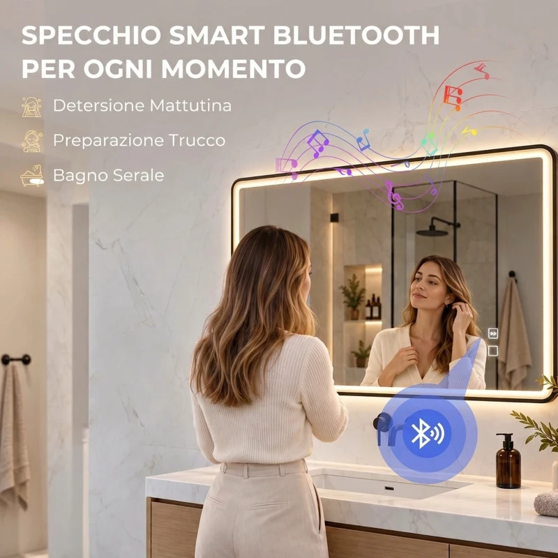 HOMCOM Specchio da Bagno LED Bluetooth Antiappannamento 100x70 cm Nero