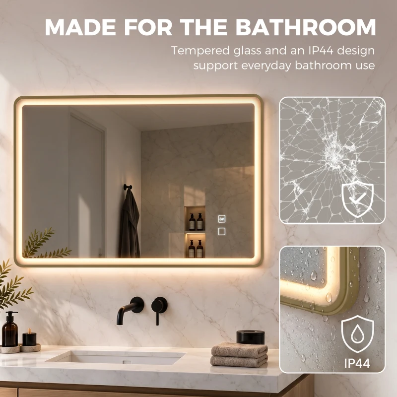 HOMCOM Bathroom Mirror with LED Lights, 100x70cm Rectangle Bathroom Mirror, Dimmable, Bluetooth, Anti-Fog, Gold Tone