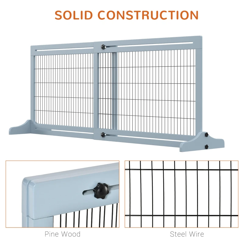 PawHut Freestanding Dog Gate, Foldable Pet Fence, Indoor Wood Barrier, Stair Gate with Support Feet, for Doorway, Hallway, Small and Medium Dogs, 69H x 104-180 cm, Blue-grey
