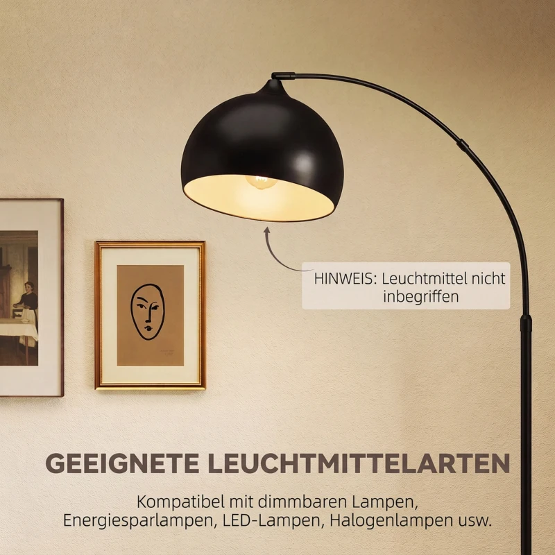 HOMCOM Bogenleuchte, Stehlampe, höhenverstellbar, Fußschalter, Sockel in Marmoroptik, 170-180cm, Schwarz