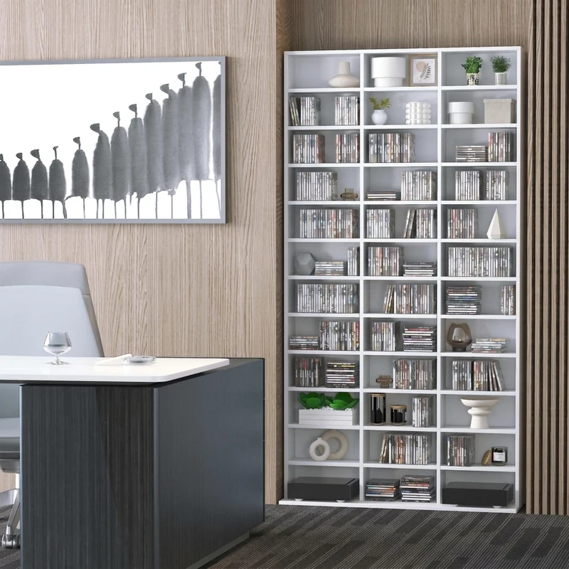 HOMCOM Bibliotecă pentru CD-uri din lemn cu 3 coloane și 12 rafturi reglabile, 102x23,5x195 cm, alb