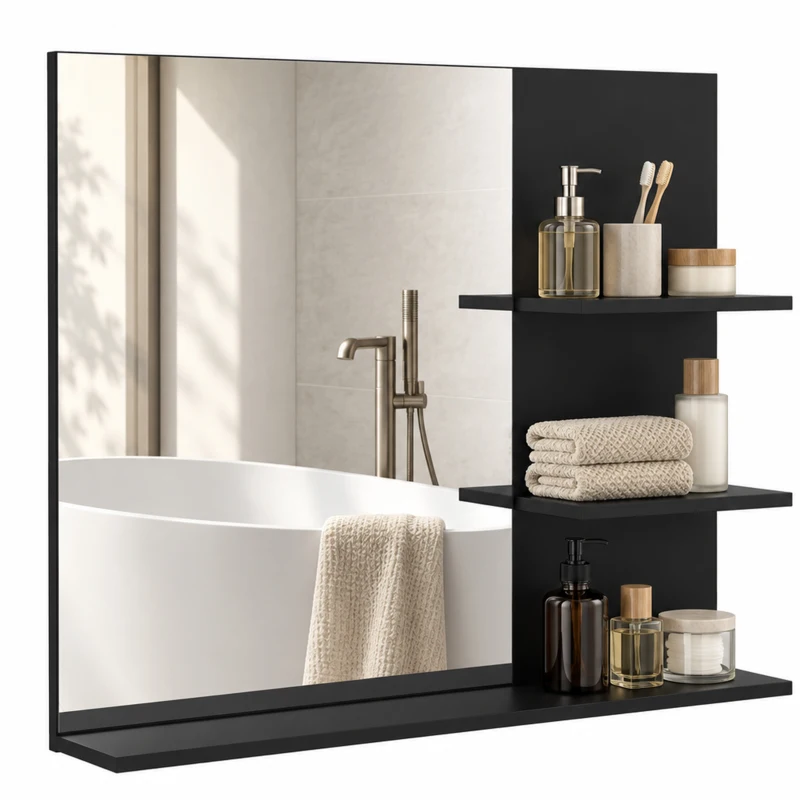 Kleankin Espejo de Baño con 3 Estantes Portaobjetos para Maquillaje, Negro