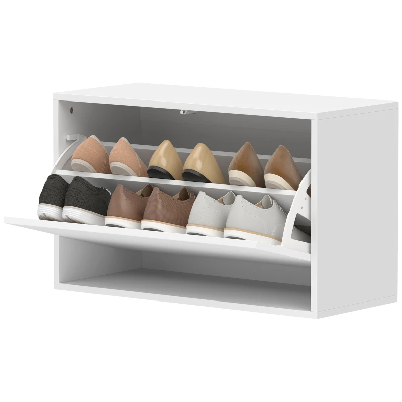 HOMCOM Szafka na buty z 2 klapkami, wiszący uchylny regał z półką, wąska półka na 6 par butów 70 x 30 x 43 cm, biały