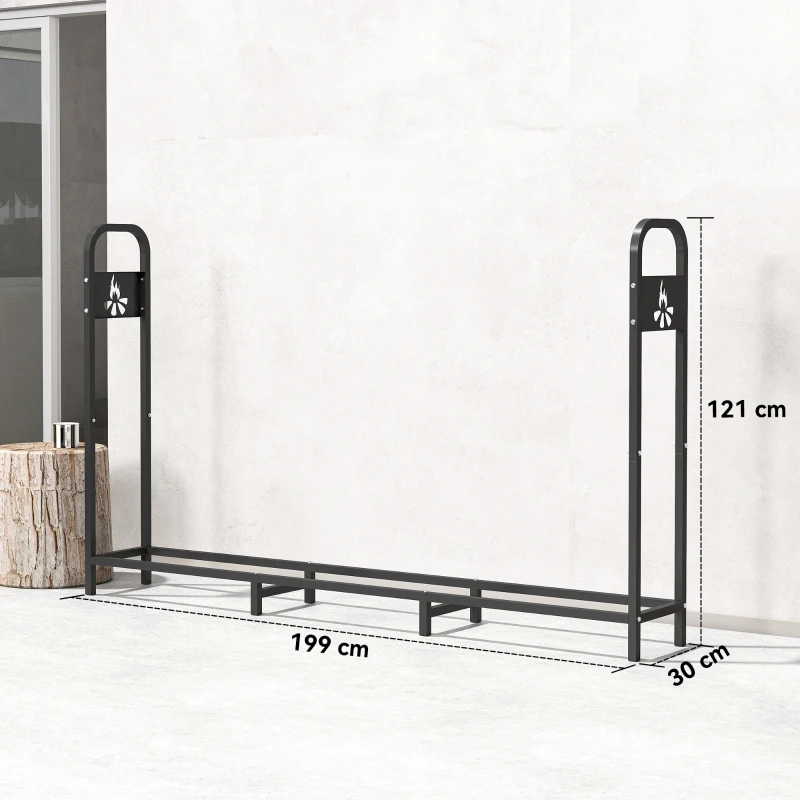 Outsunny 6.5 FT Steel Firewood Log Rack with 300 kg Capacity, Heavy Duty Indoor Outdoor Fireplace Wood Storage Shelf, Log Holder/Stand with Extra Support Legs, Decorative Bonfire Pattern, Black