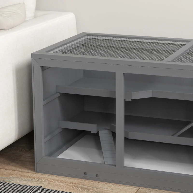 PawHut Jaula para hámster jaula para jerbos 2 niveles techo abatible ventanas caseta 2 escaleras, 115 x 57 x 55 cm, gris