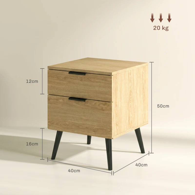 HOMCOM Set de 2 noptiere stil nordic cu sertar și bază înălțată, din lemn, 40x40x50 cm, culoare stejar