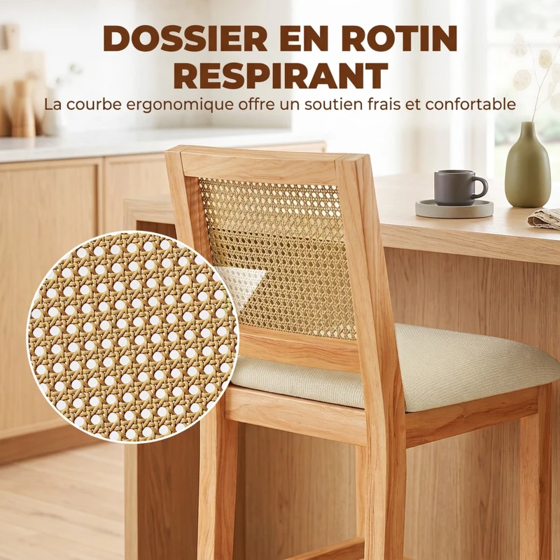 HOMCOM Lot de 2 Tabourets de Bar, Chaises de Bar avec Dossier Effet Rotin, Assise Rembourrée en Chenille de 66H cm, Crème