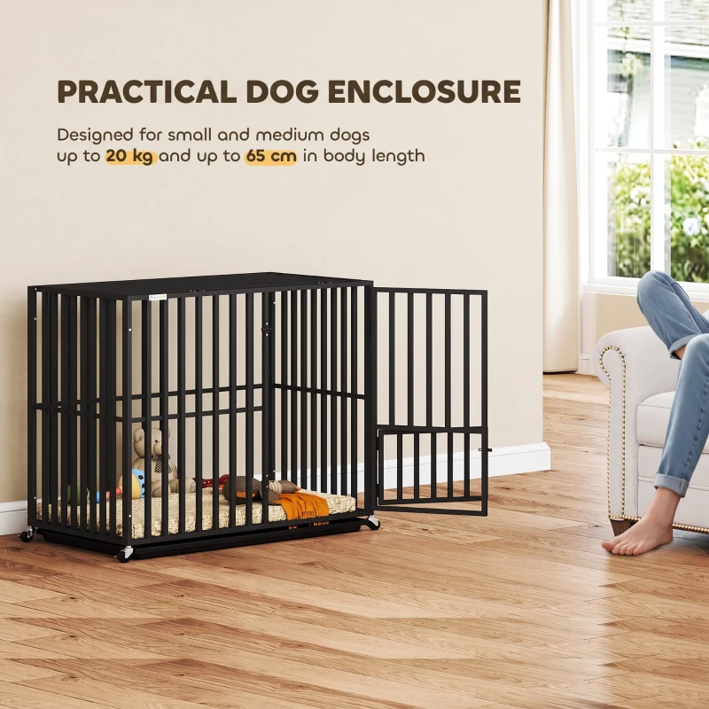 PawHut Heavy Duty Dog Crate, Dog Cage with Wheels for Small Medium Breeds, Metal Pet Kennel with Removable Tray