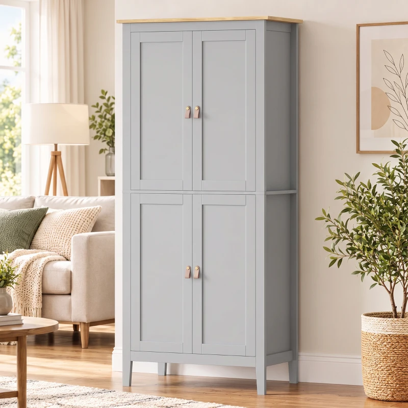HOMCOM Tall Pantry Cupboard with Motion Sensor LED Light - Grey
